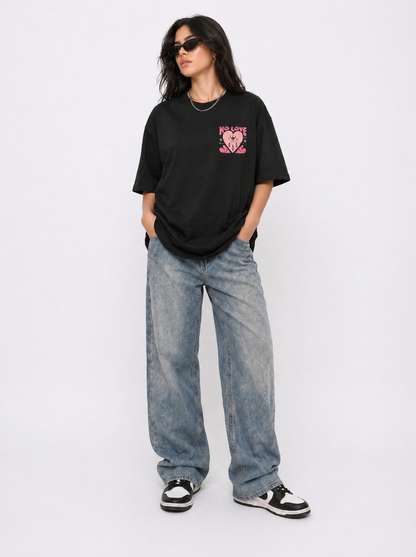 Cool Bee No Love Tee Black for Women - Black Oversized Graphic Tee Streetwear India - Lifestyle View
