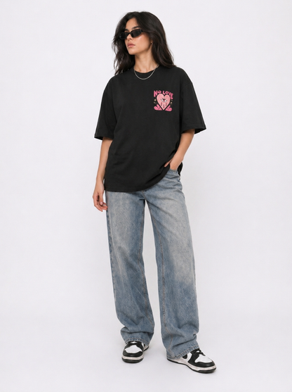 Cool Bee No Love Tee Black for Women - Black Oversized Graphic Tee Streetwear India - Detail View