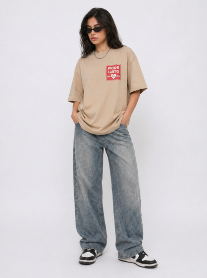 Cool Bee Unity Streetwear Tee Beige for Women - Beige Oversized Graphic Tee Streetwear India - Detail View