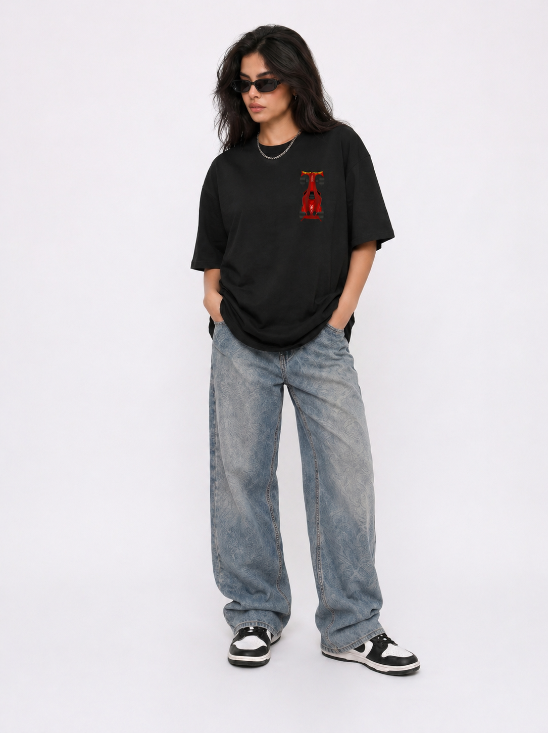 Cool Bee Apex Racing club Tee Black for Women - Black Oversized Graphic Tee Streetwear India - Lifestyle View
