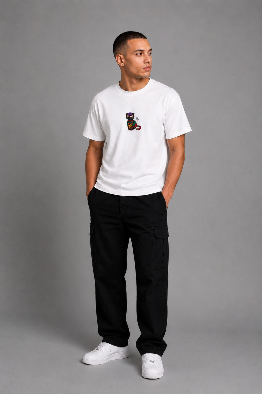 Cool Bee Cat Art Tee White for Men - White Oversized Graphic Tee Streetwear India - Detail View