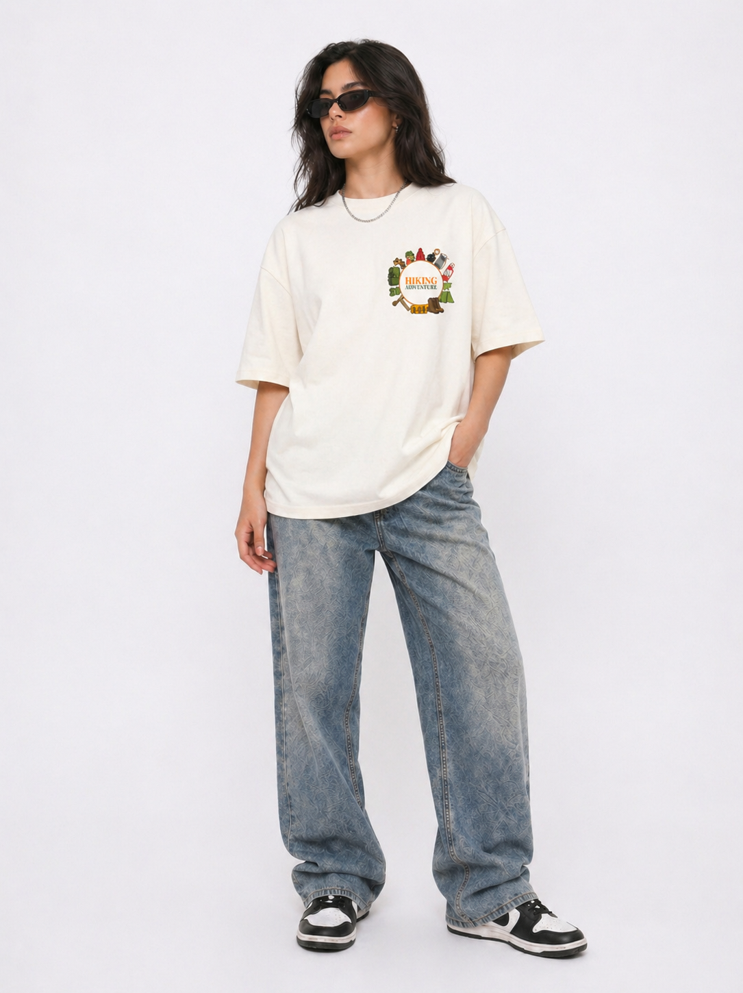 Cool Bee Hiking adventure Tee White for Women - White Oversized Graphic Tee Streetwear India - Detail View