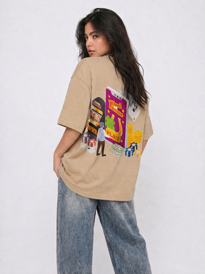 Cool Bee Play game Tee Beige for Women - Beige Oversized Graphic Tee Streetwear India - Detail View
