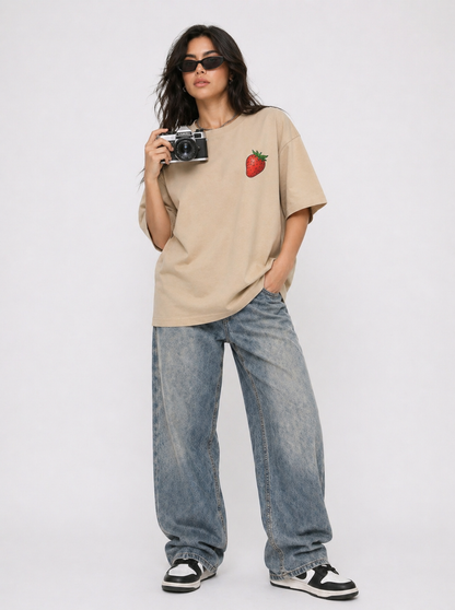 Cool Bee Berry Tee Beige for Women - Beige Oversized Graphic Tee Streetwear India - Lifestyle View