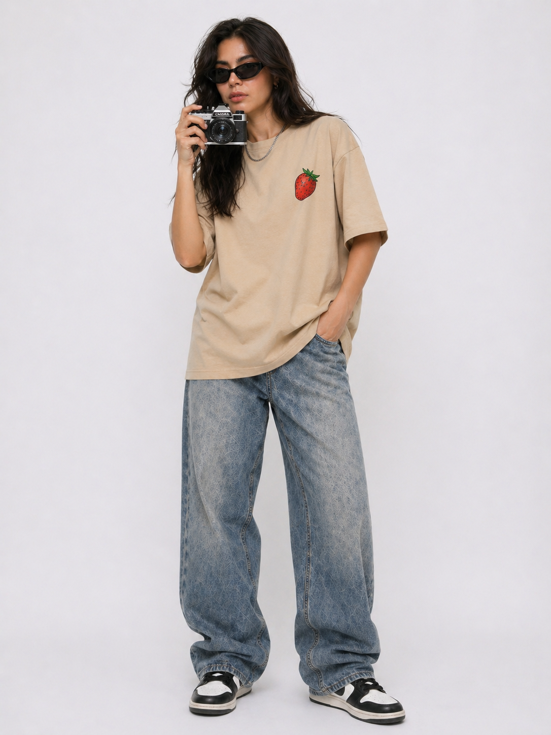 Cool Bee Berry Tee Beige for Women - Beige Oversized Graphic Tee Streetwear India - Lifestyle View