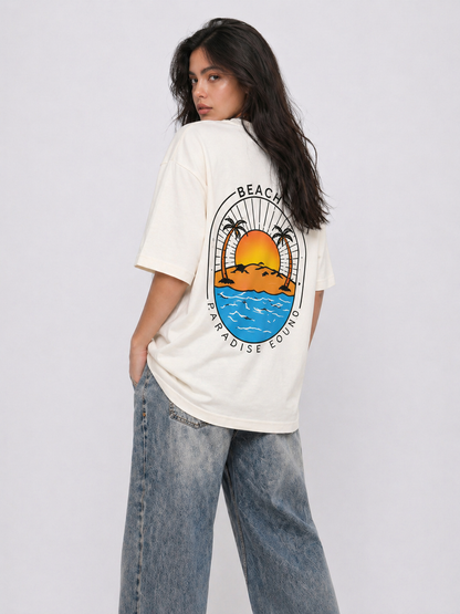 Cool Bee Paradise Tee White for Women - White Oversized Graphic Tee Streetwear India - Detail View