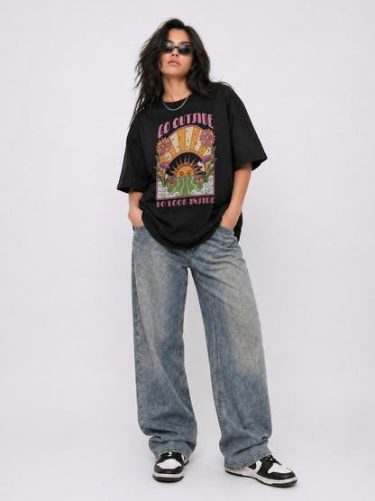 Cool Bee Mind Garden Tee Black for Women - Black Oversized Graphic Tee Streetwear India - Lifestyle View