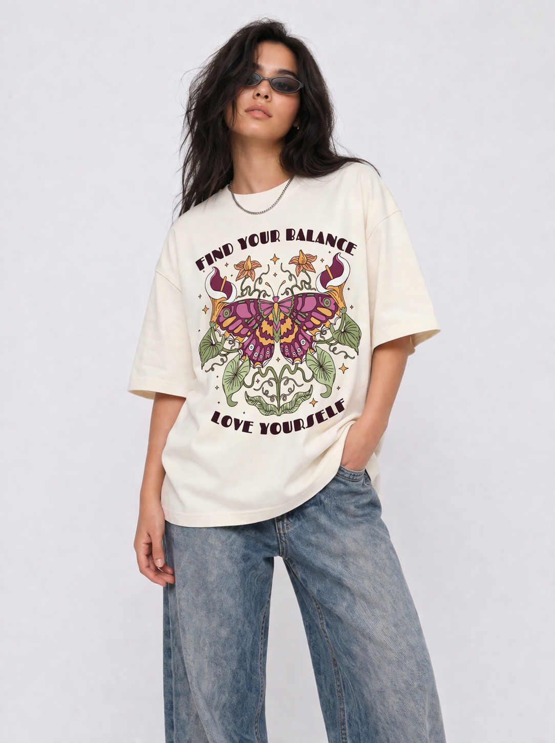 Cool Bee Butterfly Box Tee White for Women - White Oversized Graphic Tee Streetwear India - Lifestyle View