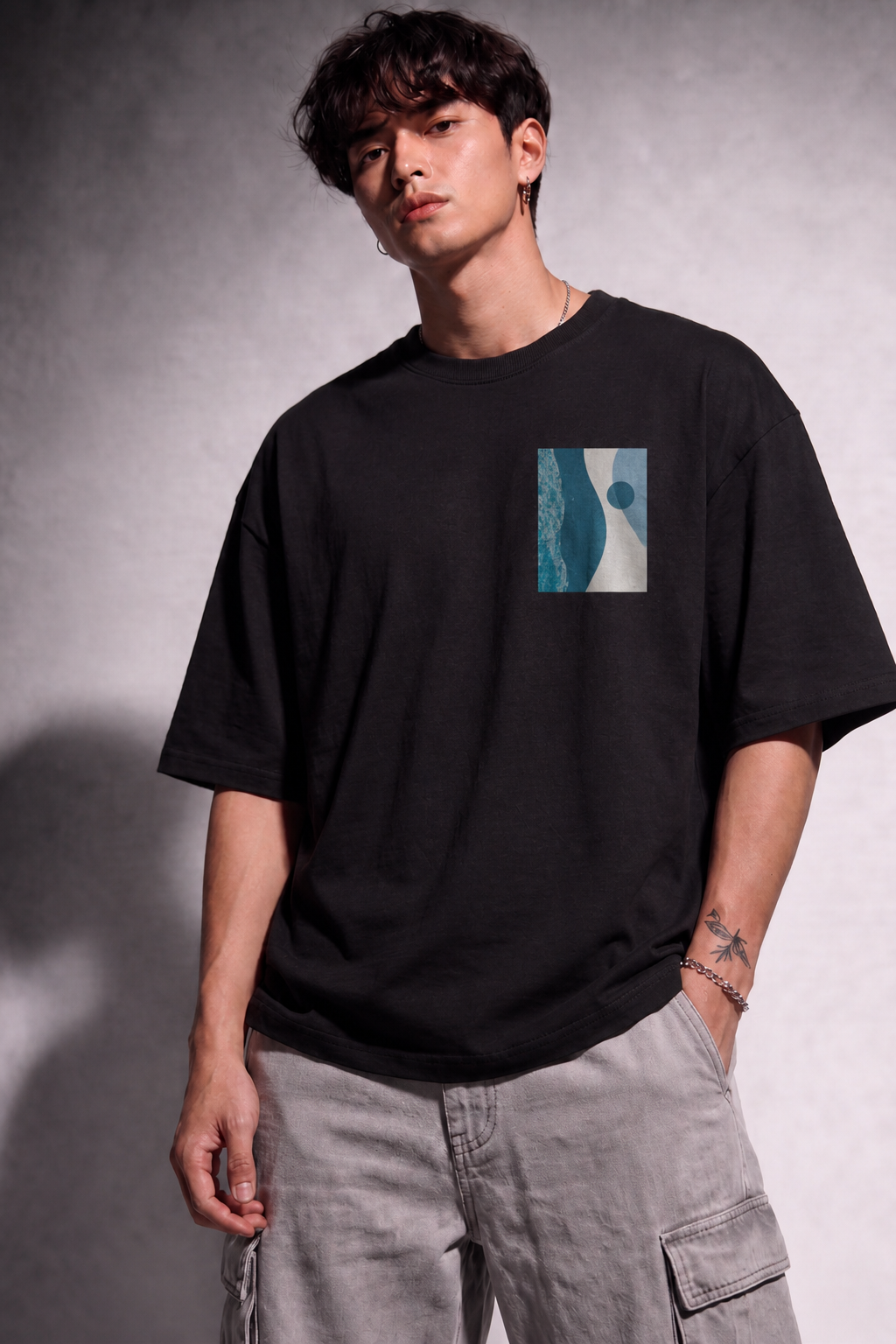 Cool Bee Blue Wave Tee Black for Men - Black Oversized Graphic Tee Streetwear India - Lifestyle View