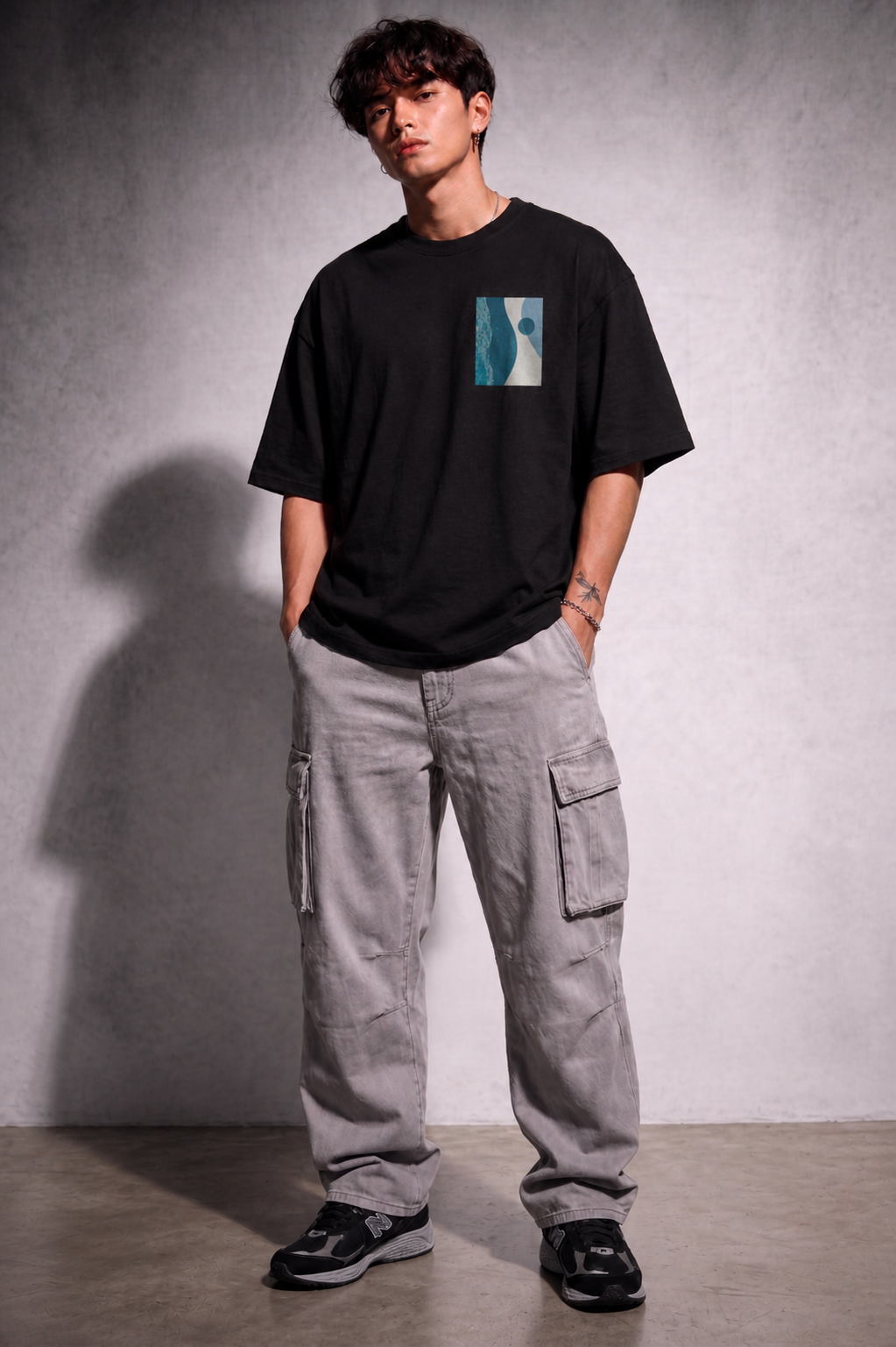 Cool Bee Blue Wave Tee Black for Men - Black Oversized Graphic Tee Streetwear India - Detail View