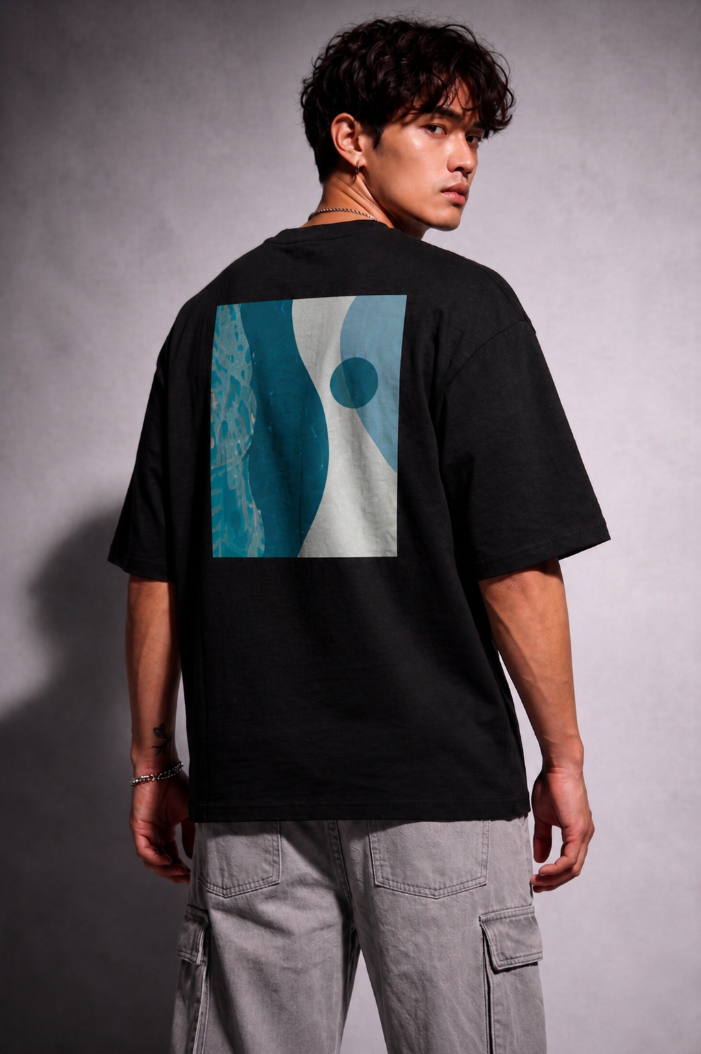 Cool Bee Blue Wave Tee Black for Men - Black Oversized Graphic Tee Streetwear India - Lifestyle View