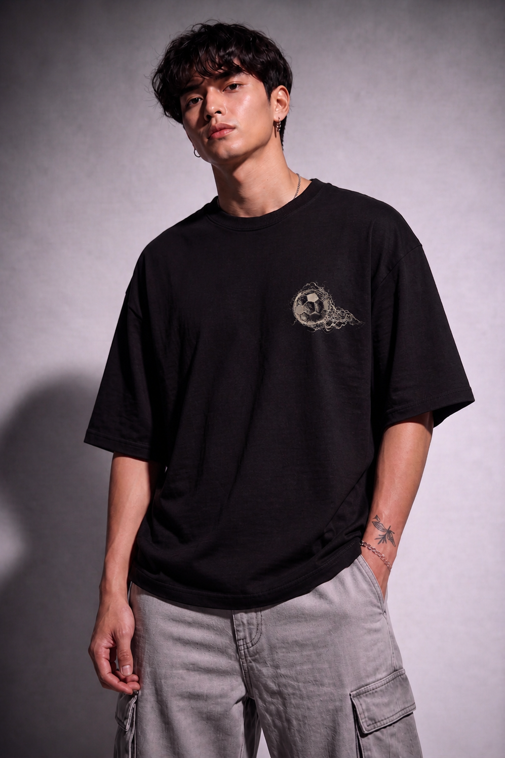 Cool Bee Football Tee Black for Men - Black Oversized Graphic Tee Streetwear India - Lifestyle View