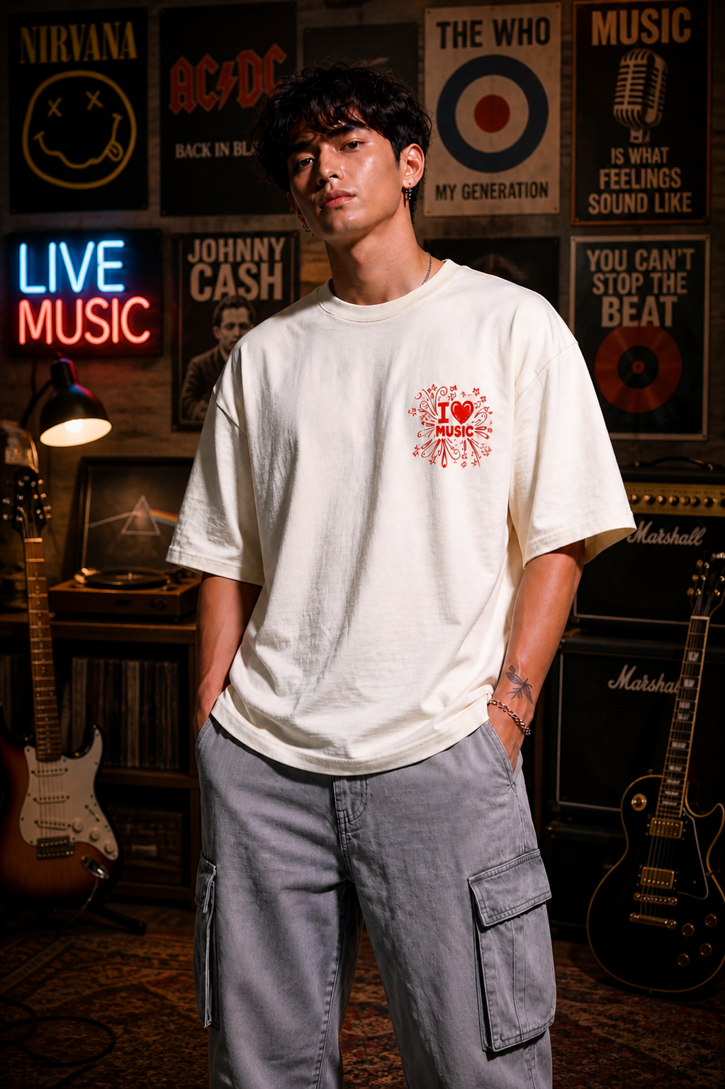 Cool Bee Music Tee White for Men - White Oversized Graphic Tee Streetwear India - Detail View