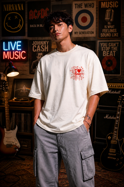 Cool Bee Music Tee White for Men - White Oversized Graphic Tee Streetwear India - Detail View