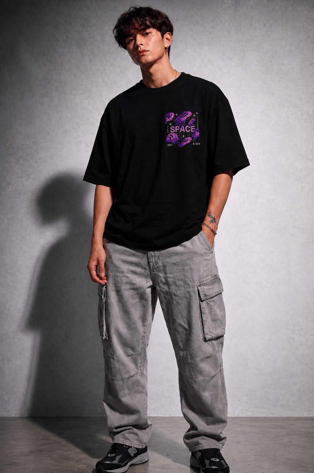 Cool Bee Melting Space Tee Black for Men - Black Oversized Graphic Tee Streetwear India - Lifestyle View
