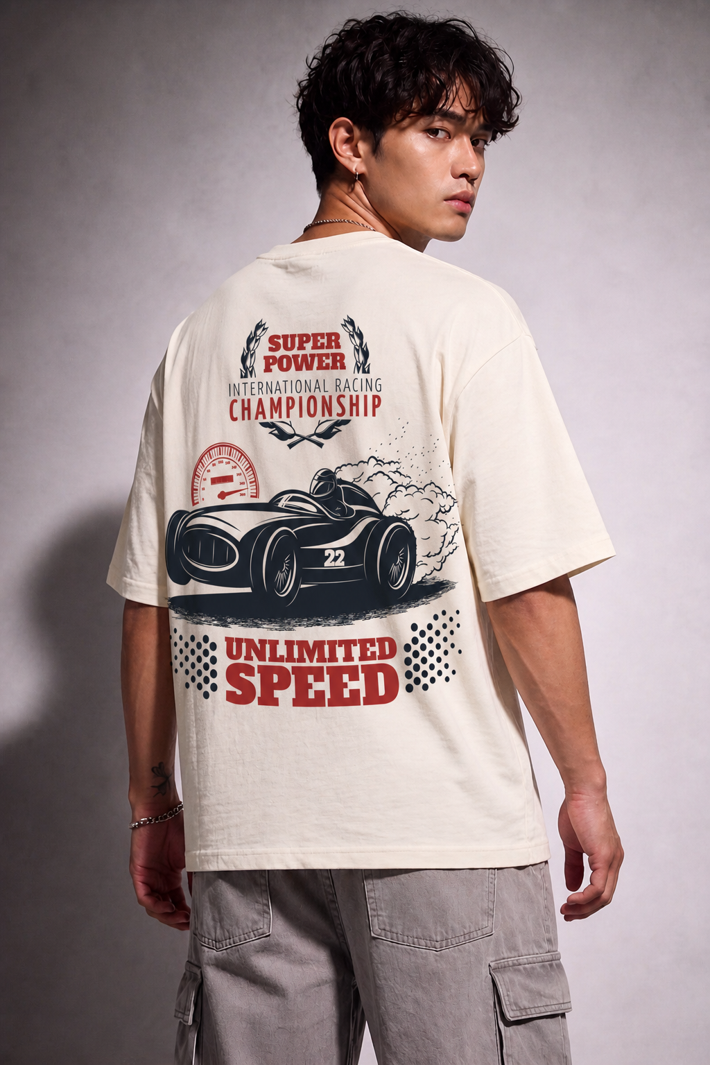 Cool Bee Apex Drive Graphic Tee White for Men - White Oversized Graphic Tee Streetwear India - Back View