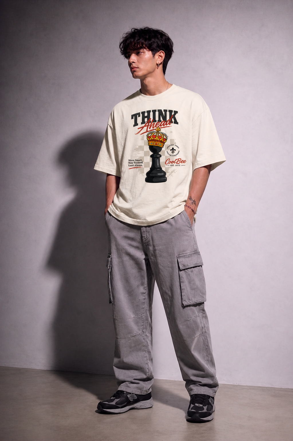 Cool Bee Checkmate Tee White for Men - White Oversized Graphic Tee Streetwear India - Lifestyle View