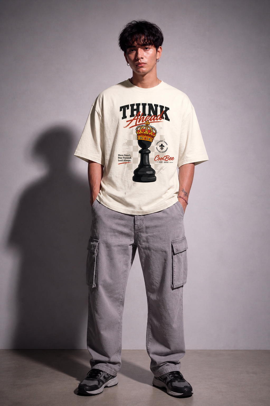 Cool Bee Checkmate Tee White for Men - White Oversized Graphic Tee Streetwear India - Detail View