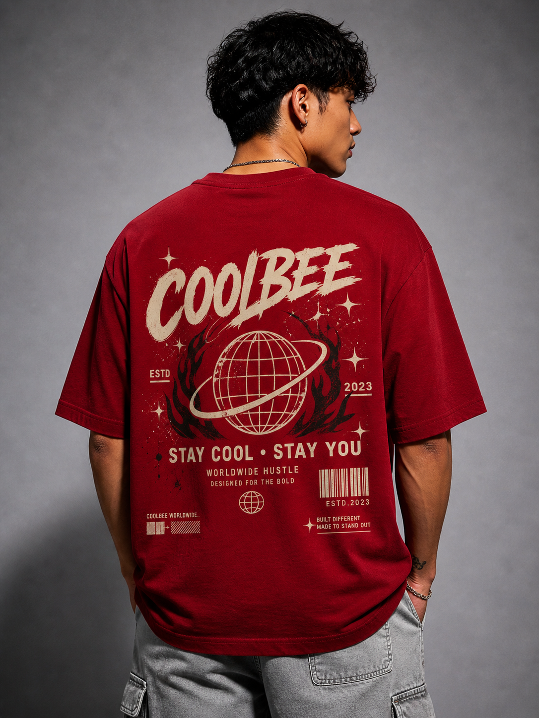Cool Bee Stay Cool Tee Red for Men - Red Oversized Graphic Tee Streetwear India - Lifestyle View