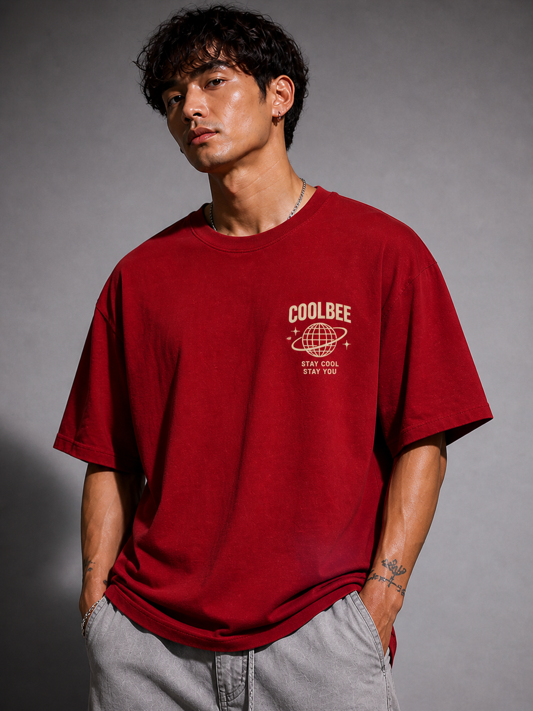 Cool Bee Stay Cool Tee Red for Men - Red Oversized Graphic Tee Streetwear India - Detail View