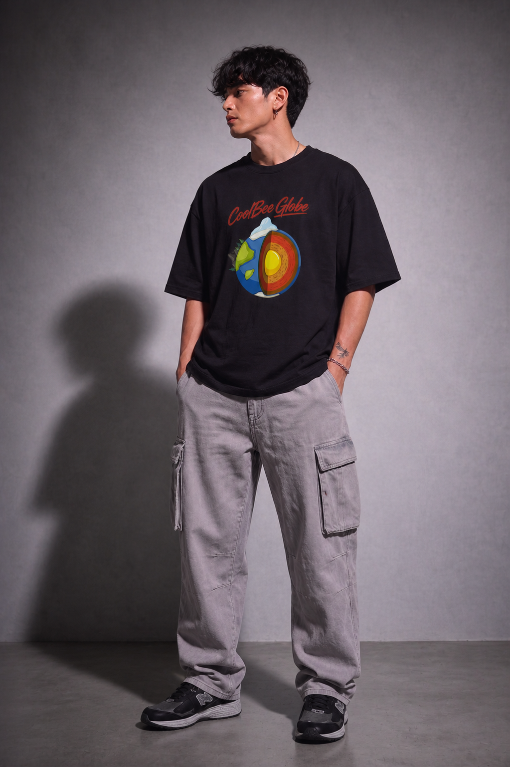Cool Bee CB Globe Tee Black for Men - Black Oversized Graphic Tee Streetwear India - Lifestyle View