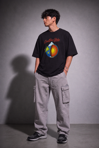 Cool Bee CB Globe Tee Black for Men - Black Oversized Graphic Tee Streetwear India - Lifestyle View