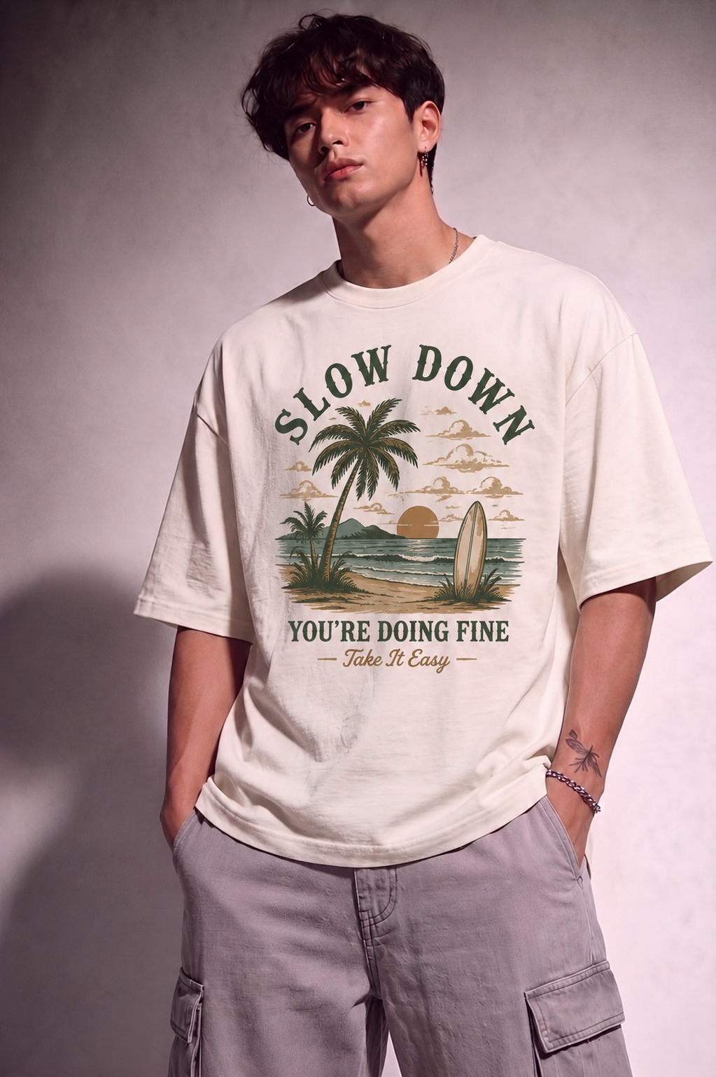 Cool Bee Slow Down Tee White for Men - White Oversized Graphic Tee Streetwear India