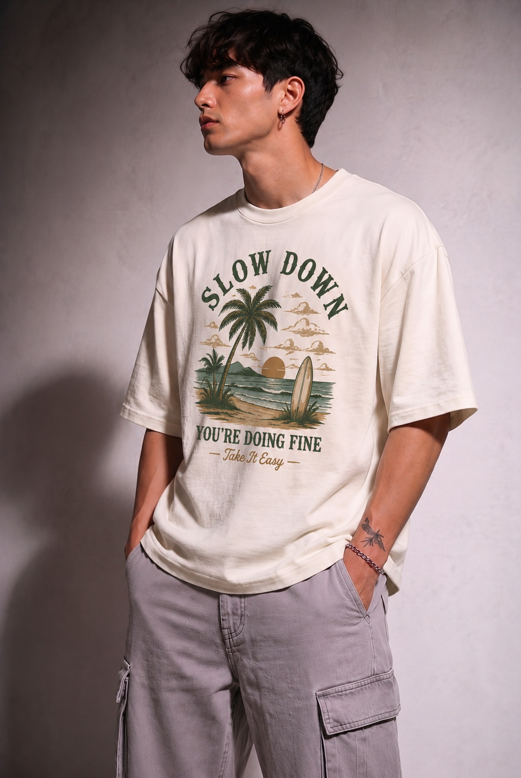 Cool Bee Slow Down Tee White for Men - White Oversized Graphic Tee Streetwear India - Back View