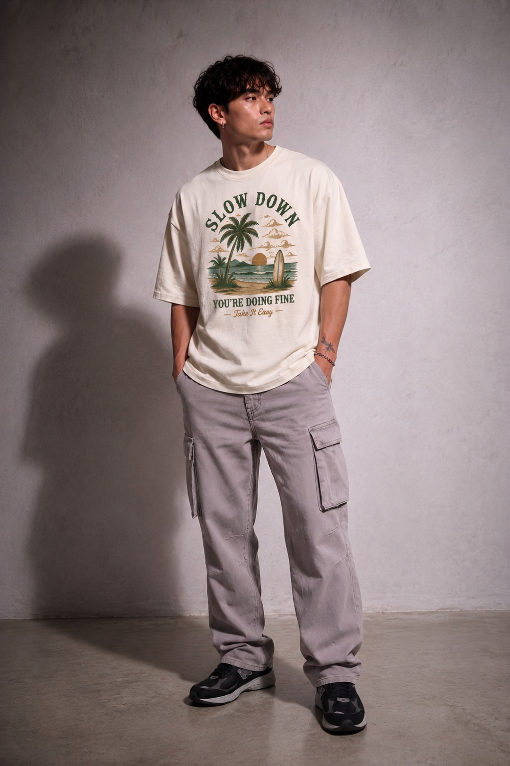 Cool Bee Slow Down Tee White for Men - White Oversized Graphic Tee Streetwear India - Detail View