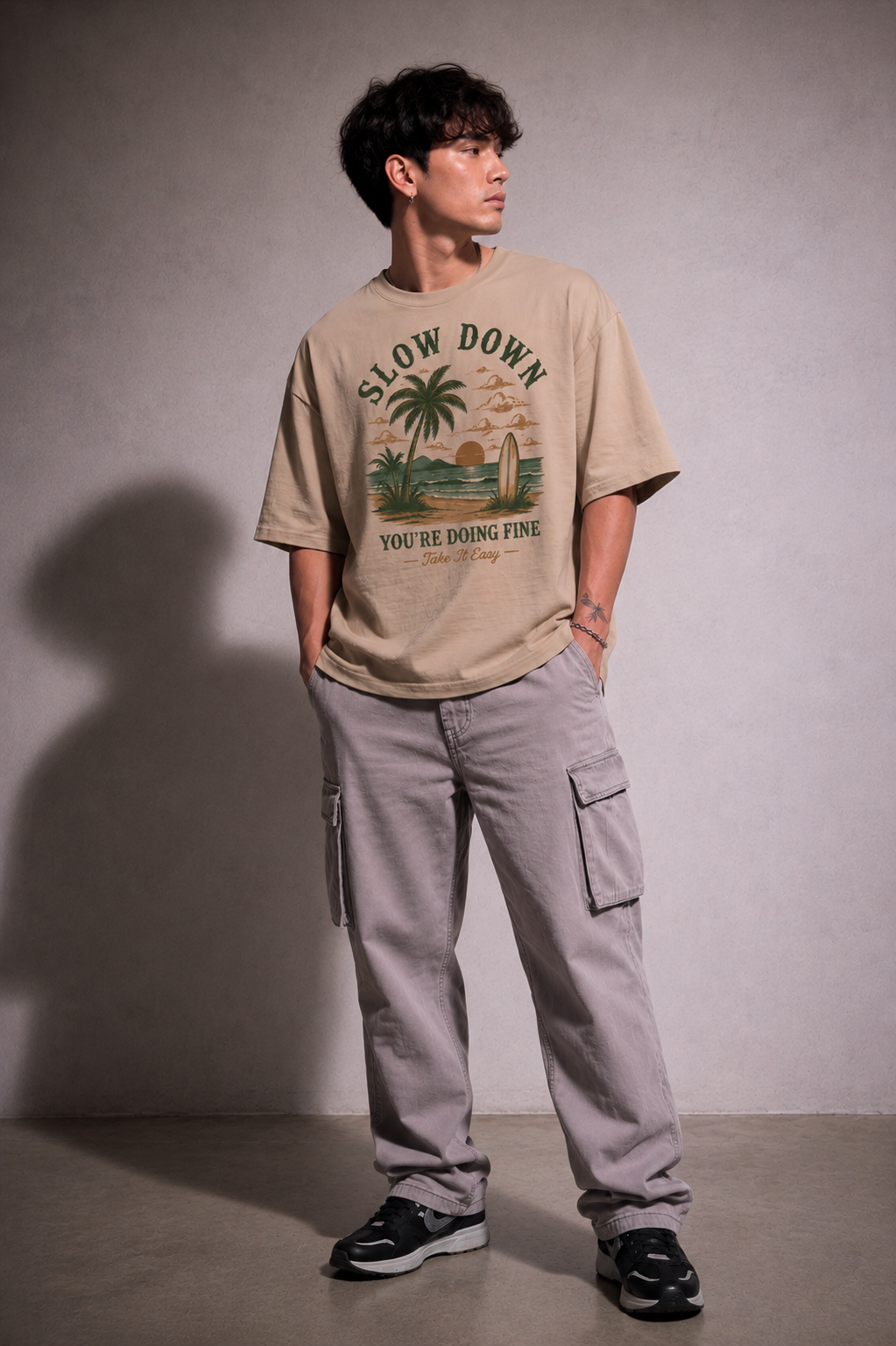 Cool Bee Slow Down Tee Beige for Men - Beige Oversized Graphic Tee Streetwear India - Back View