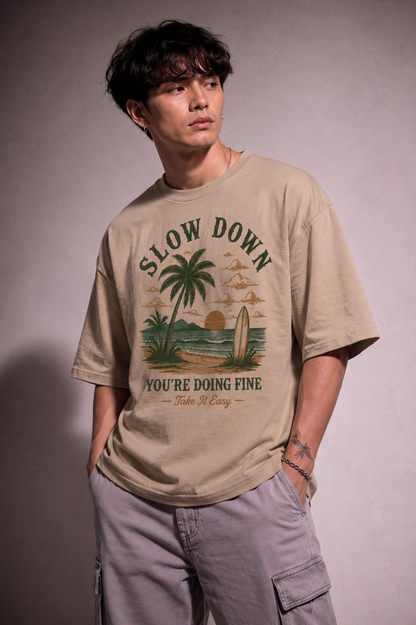 Cool Bee Slow Down Tee Beige for Men - Beige Oversized Graphic Tee Streetwear India
