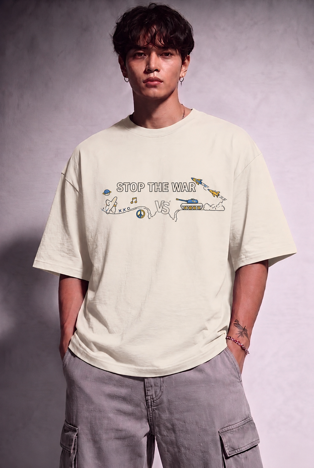 Cool Bee Stop The War Tee White for Men - White Oversized Graphic Tee Streetwear India