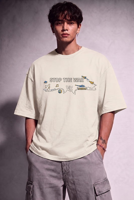 Cool Bee Stop The War Tee White for Men - White Oversized Graphic Tee Streetwear India