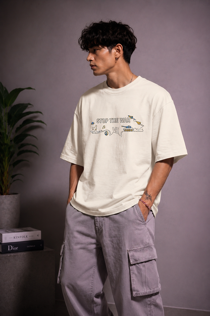 Cool Bee Stop The War Tee White for Men - White Oversized Graphic Tee Streetwear India - Detail View
