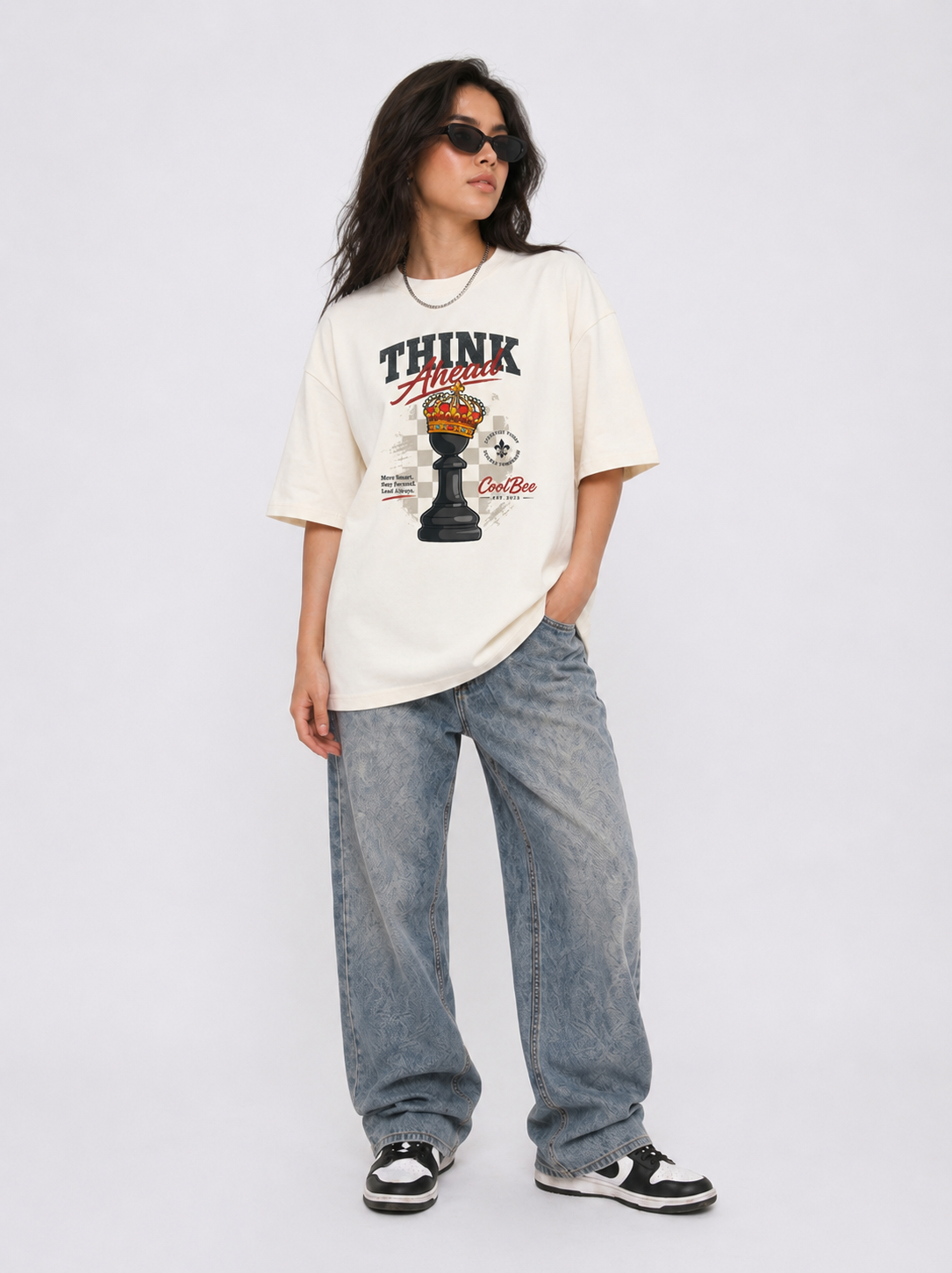 Cool Bee Checkmate Tee White for Women - White Oversized Graphic Tee Streetwear India - Lifestyle View