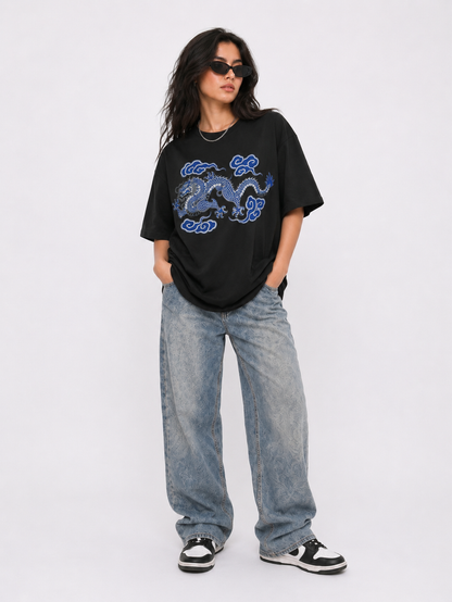 Cool Bee Cerulean Drake Tee Black for Women - Black Oversized Graphic Tee Streetwear India - Detail View