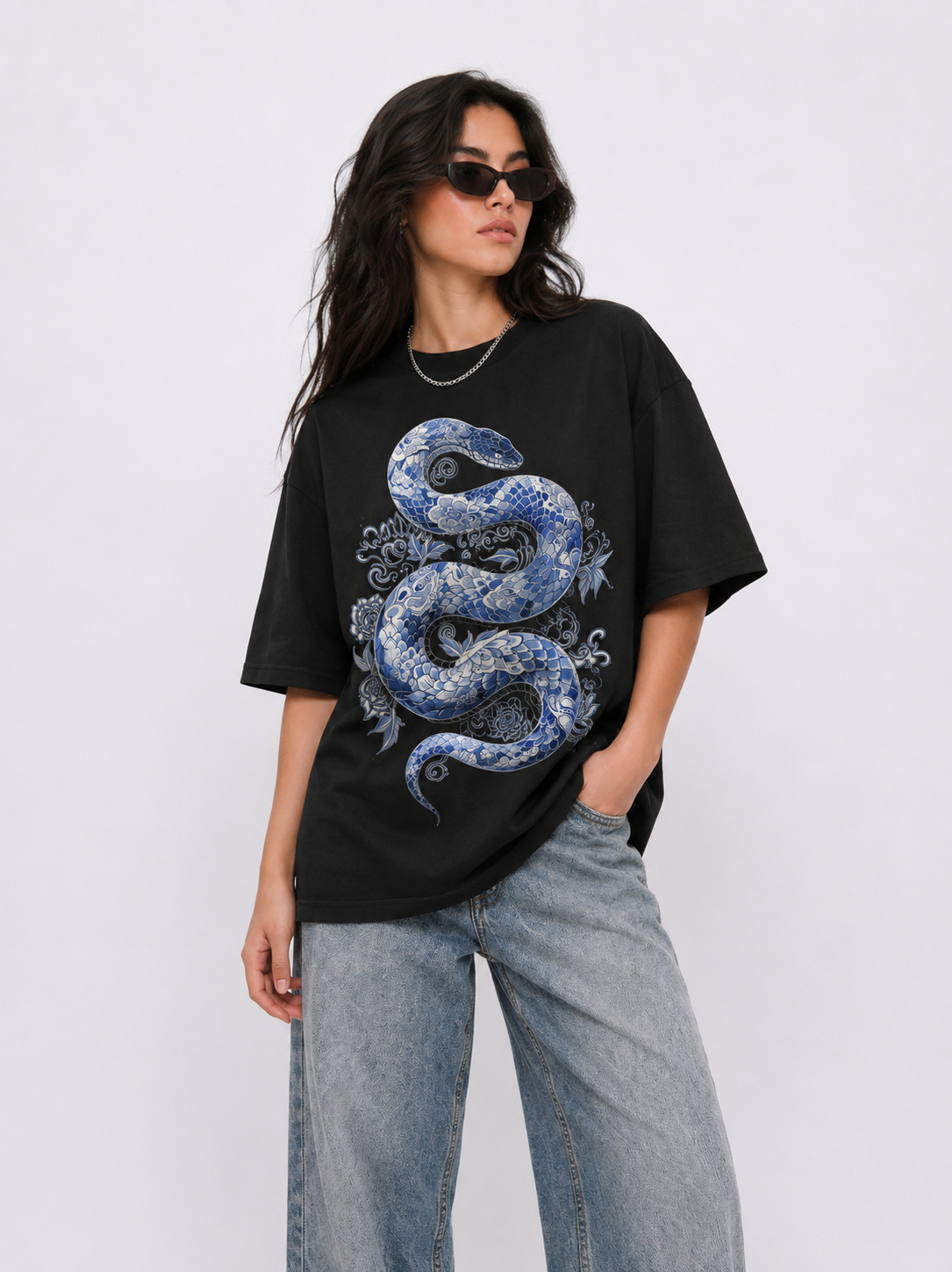 Cool Bee Indigo Viper Tee Black for Women - Black Oversized Graphic Tee Streetwear India - Detail View