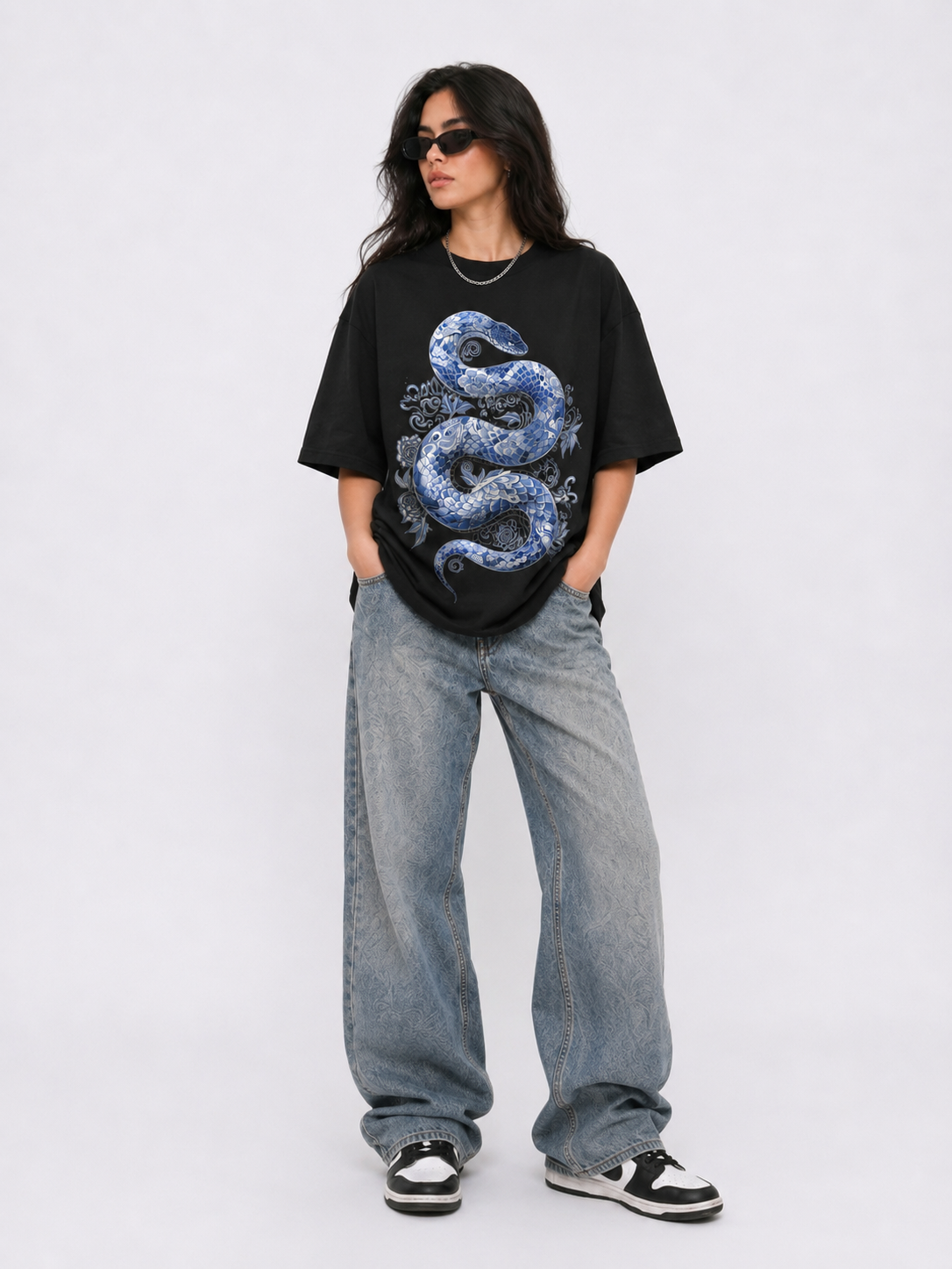Cool Bee Indigo Viper Tee Black for Women - Black Oversized Graphic Tee Streetwear India - Back View