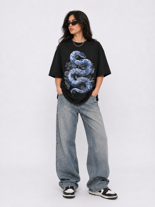 Cool Bee Indigo Viper Tee Black for Women - Black Oversized Graphic Tee Streetwear India - Back View