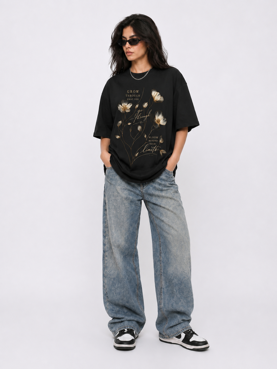 Cool Bee Bloom Tee Black for Women - Black Oversized Graphic Tee Streetwear India - Detail View