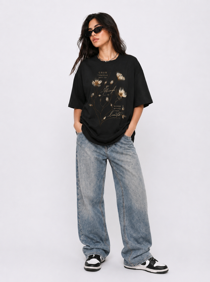 Cool Bee Bloom Tee Black for Women - Black Oversized Graphic Tee Streetwear India - Back View