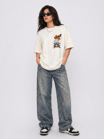Cool Bee Retro Bud Tee White for Women - White Oversized Graphic Tee Streetwear India - Lifestyle View