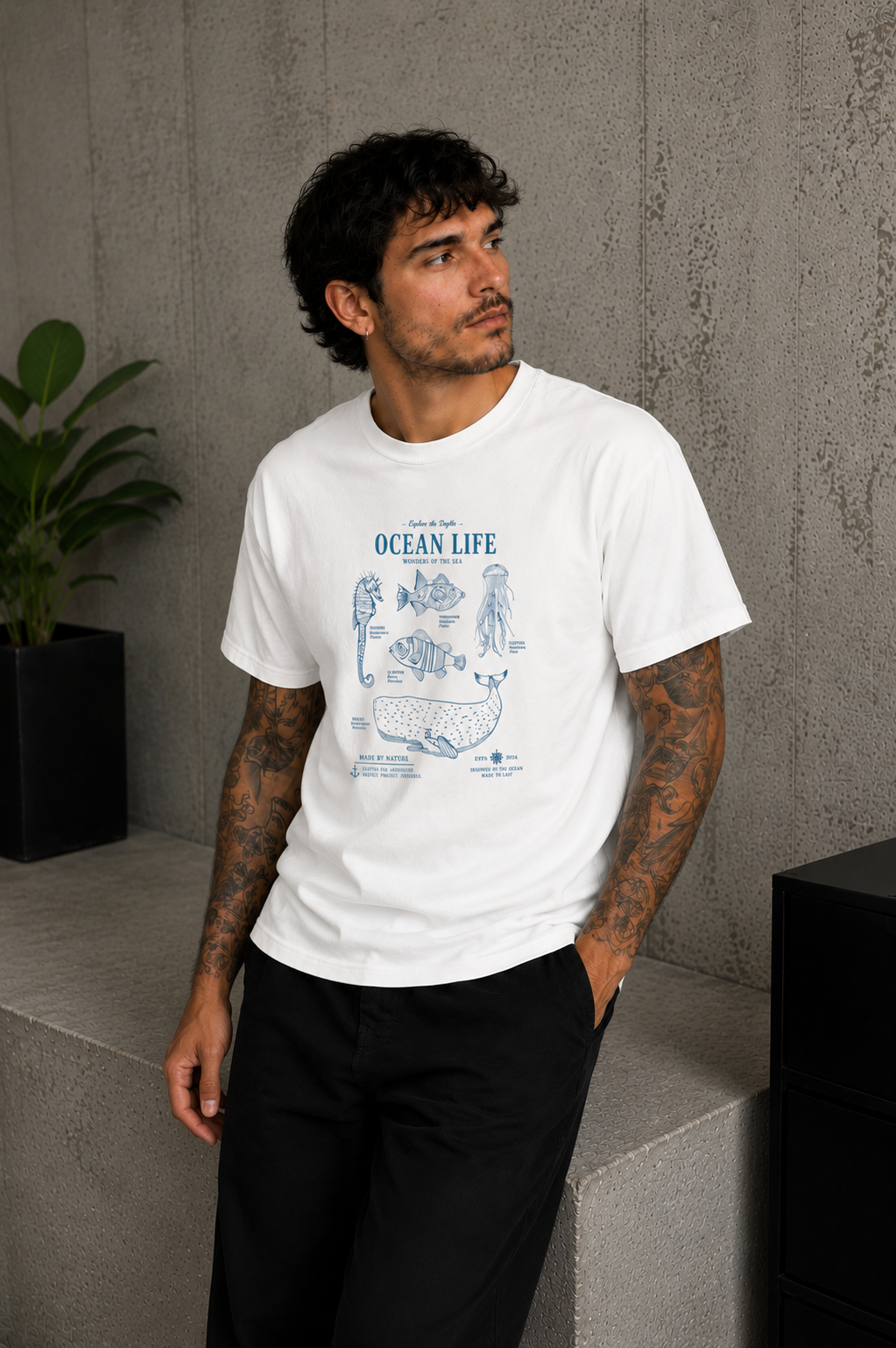 Cool Bee Ocean Life Tee White for Men - White Oversized Graphic Tee Streetwear India