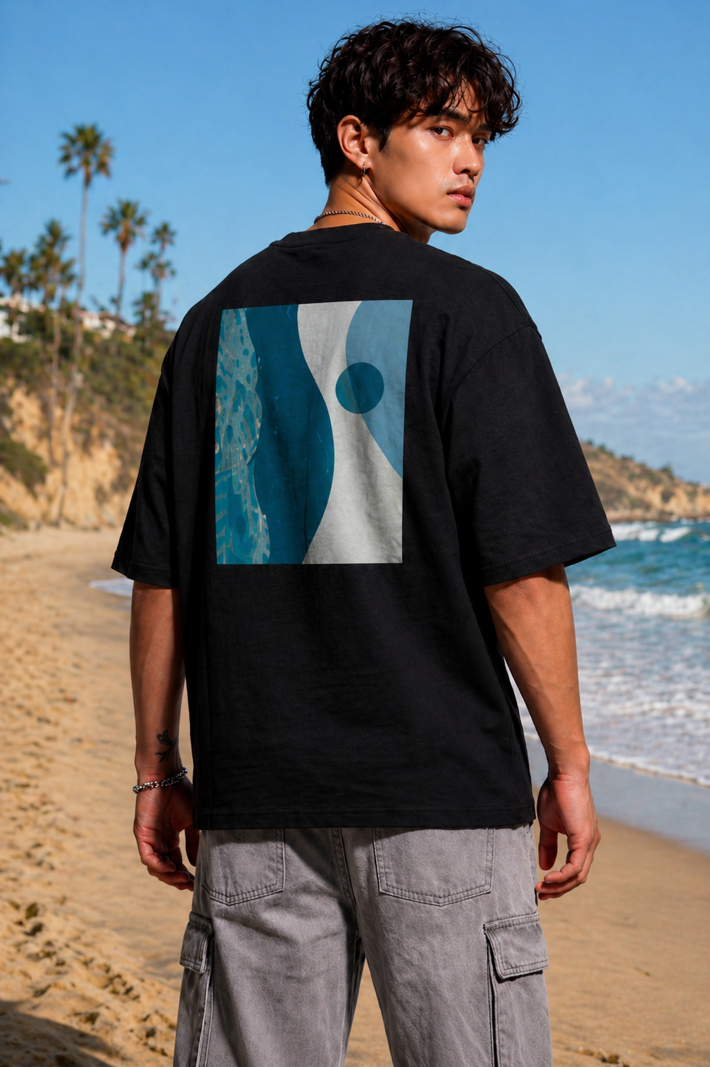 Cool Bee Blue Wave Tee Black for Men - Black Oversized Graphic Tee Streetwear India