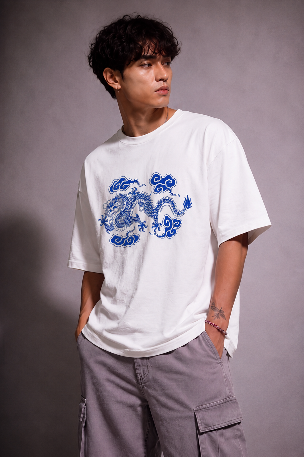Cool Bee Cerulean Drake Tee White for Men - White Oversized Graphic Tee Streetwear India - Lifestyle View