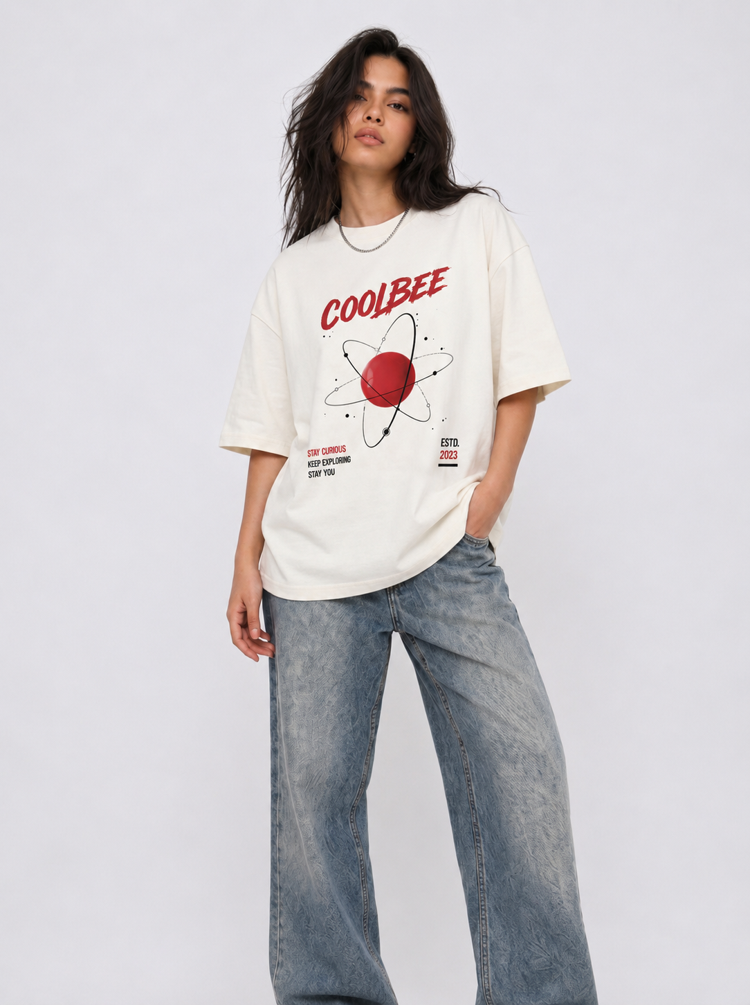 Cool Bee Atom Orbit Tee white for Women - white Oversized Graphic Tee Streetwear India - Lifestyle View