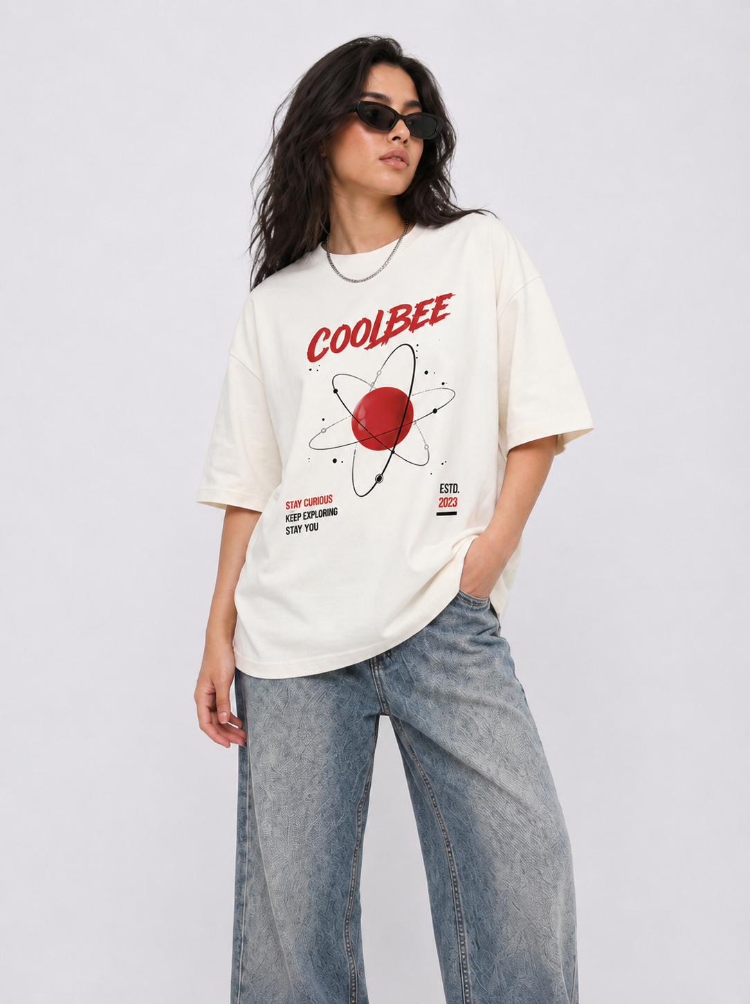 Cool Bee Atom Orbit Tee White for Women - White Oversized Graphic Tee Streetwear India