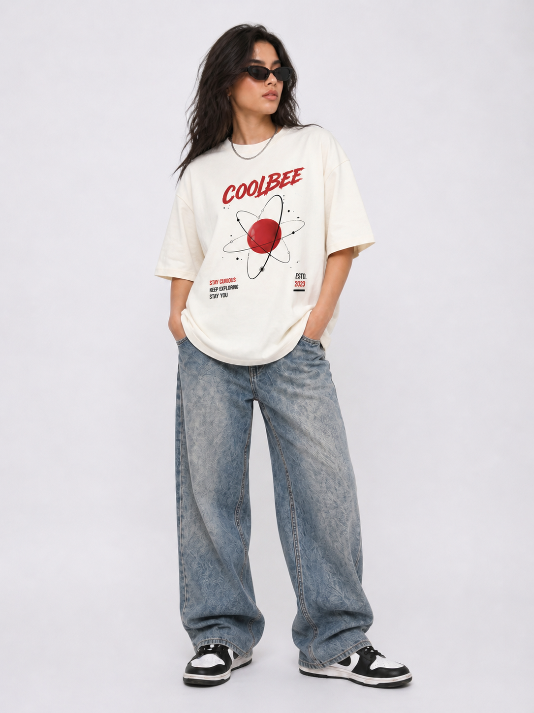Cool Bee Atom Orbit Tee white for Women - white Oversized Graphic Tee Streetwear India - Back View
