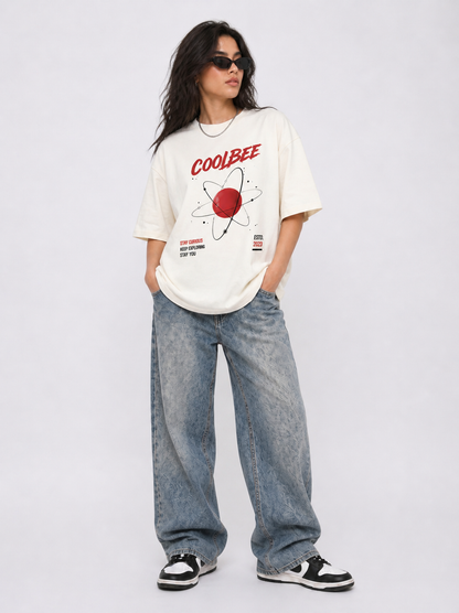 Cool Bee Atom Orbit Tee white for Women - white Oversized Graphic Tee Streetwear India - Back View