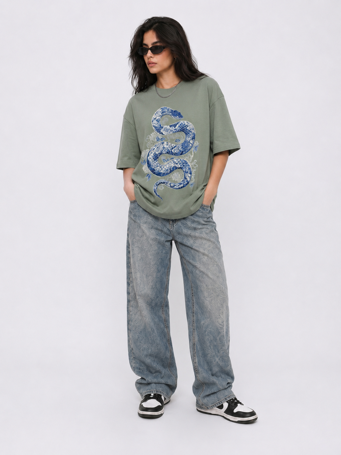 Cool Bee Indigo Viper Tee Green for Women - Green Oversized Graphic Tee Streetwear India - Back View